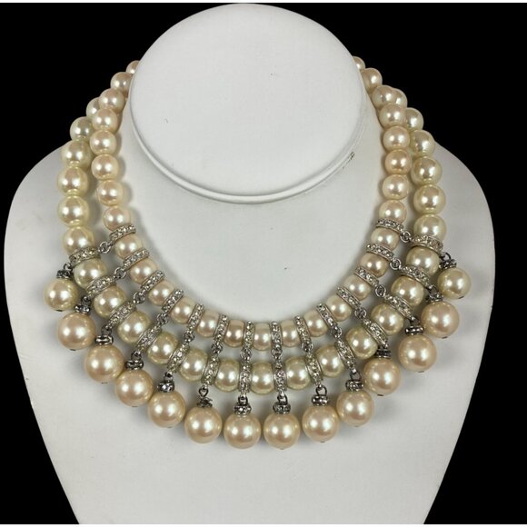 Carolee Jewelry - Vintage Carolee Faux Pearl Rhinestone Collar Bib Necklace Chunky Double Strand